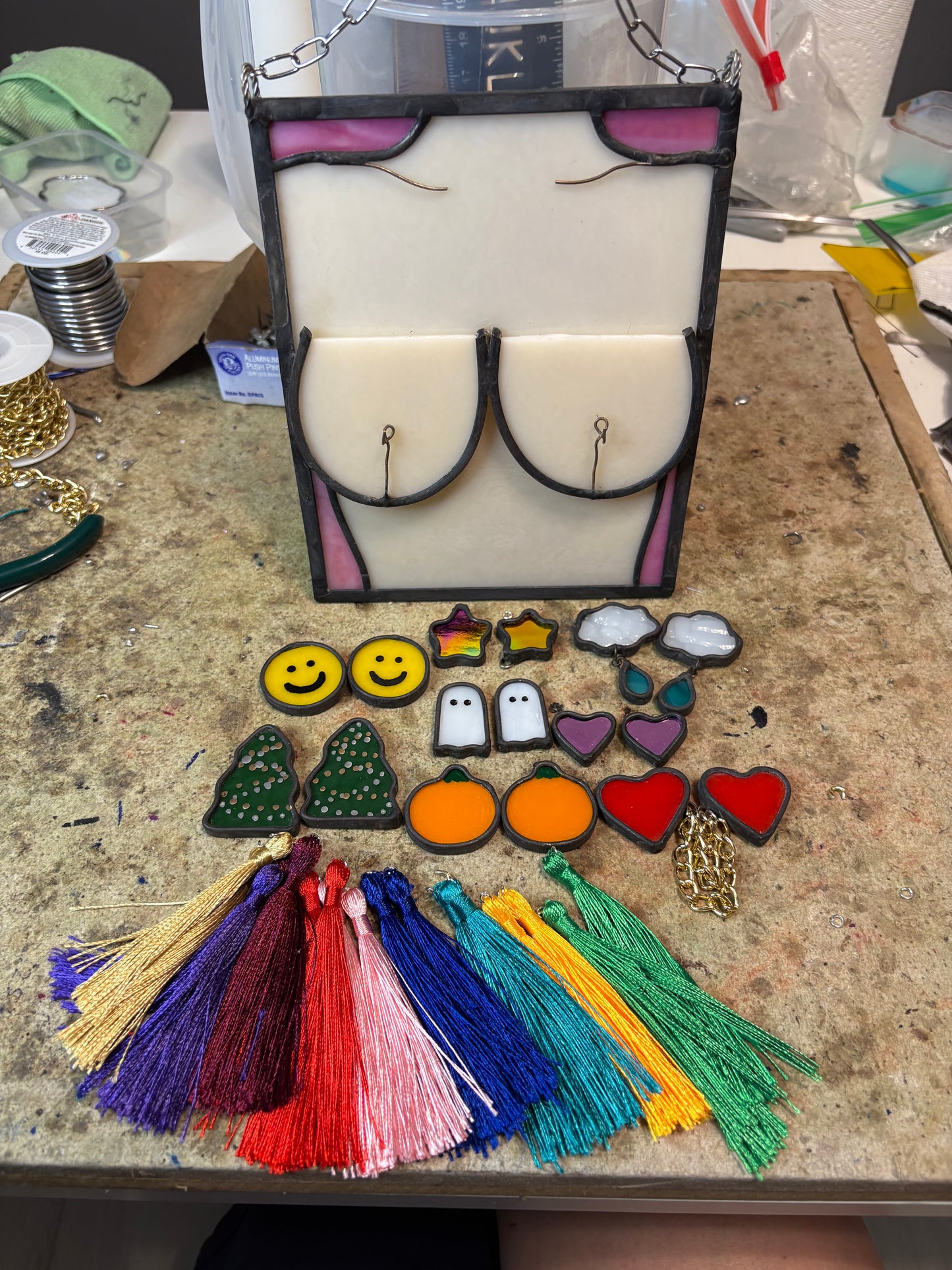 CUSTOM WITH 8 SETS of TASSELS- Stained glass boobs with 8 sets of interchangeable tassels