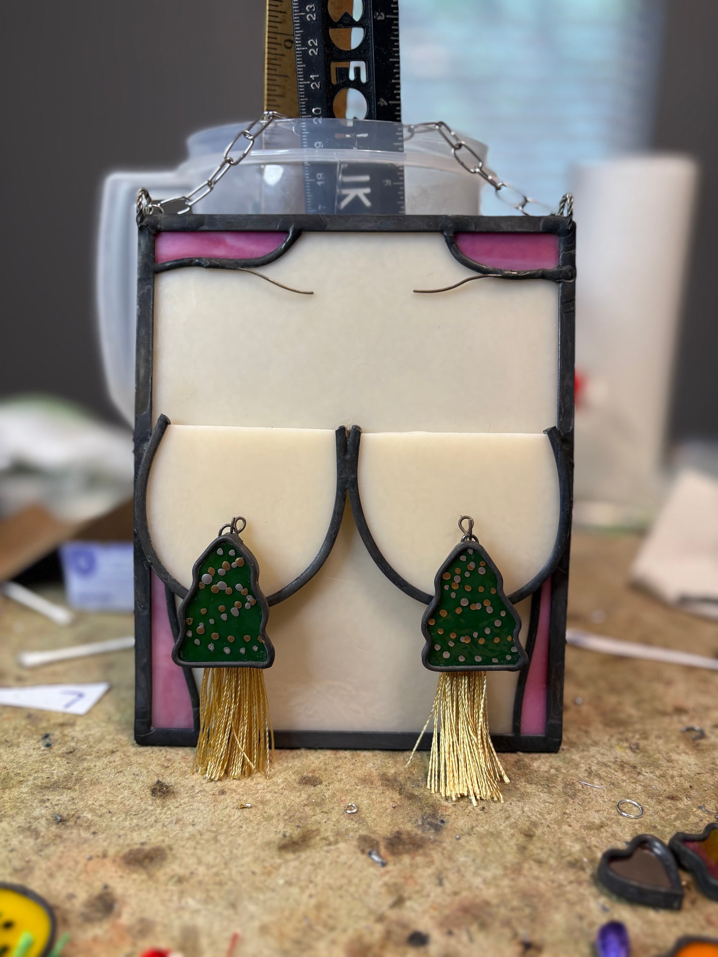 CUSTOM WITH 8 SETS of TASSELS- Stained glass boobs with 8 sets of interchangeable tassels