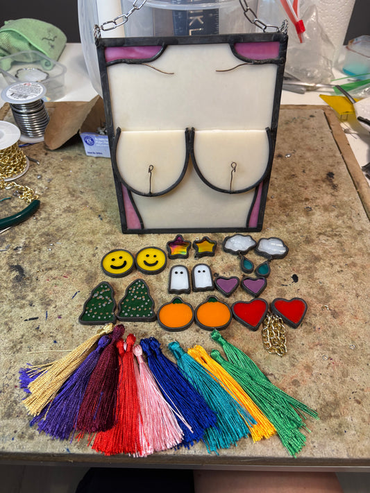 CUSTOM WITH FOUR SETS OF TASSELS- Stained glass boobs with FOUR sets of custom tassels. You pick background color and we can collab on tassels. Please email or DM me on Instagram after purchase. Please give 6 week for  custom orders