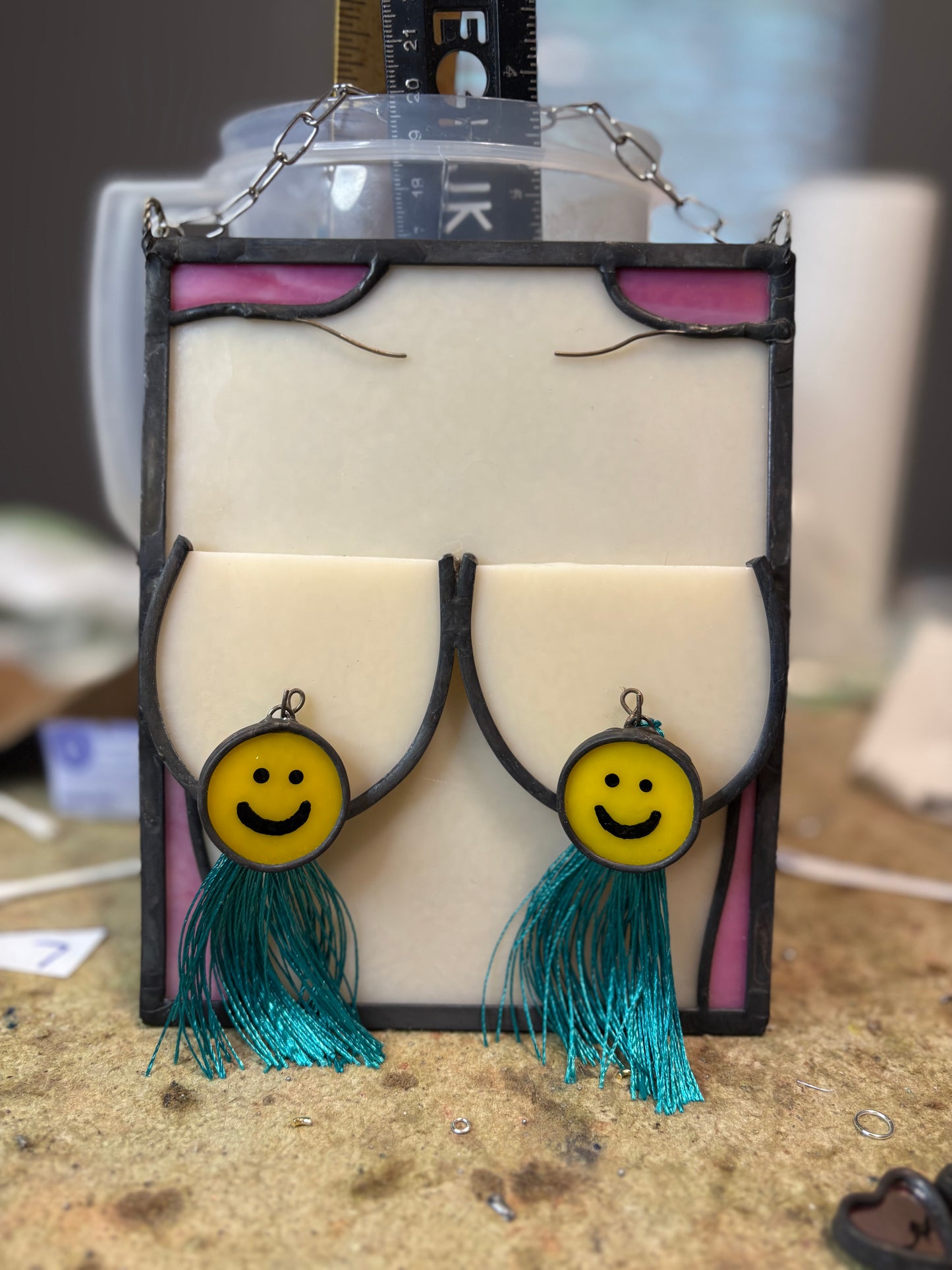 CUSTOM WITH 8 SETS of TASSELS- Stained glass boobs with 8 sets of interchangeable tassels