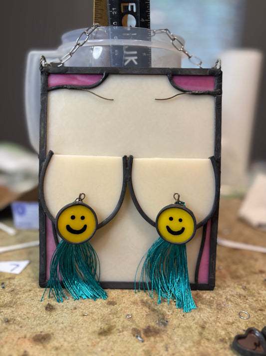 CUSTOM WITH 8 SETS of TASSELS- Stained glass boobs with 8 sets of interchangeable tassels